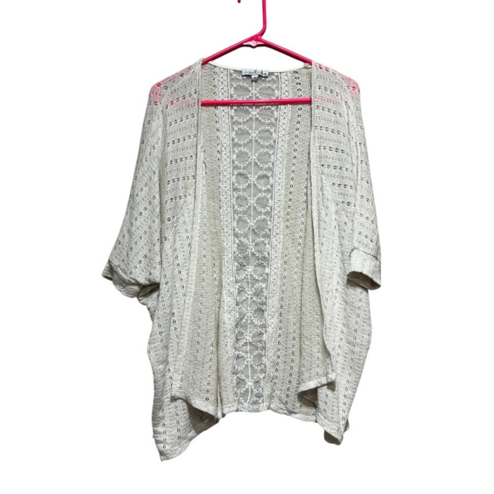 Moa Moa Womens Boho Cream Open Front Slub Knit Cardigan Back Lace Detail Small